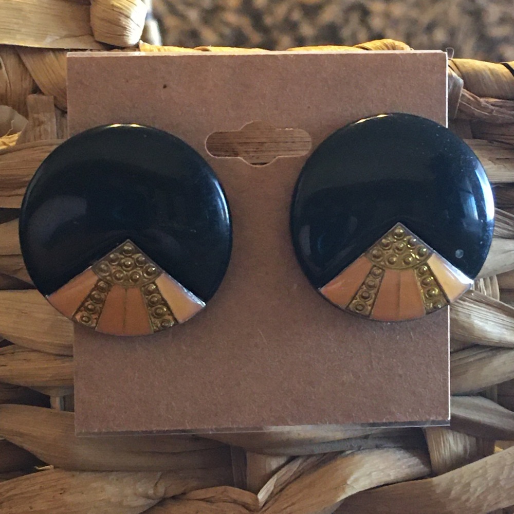 Vintage 80s gold/peach/black plastic disc earrings